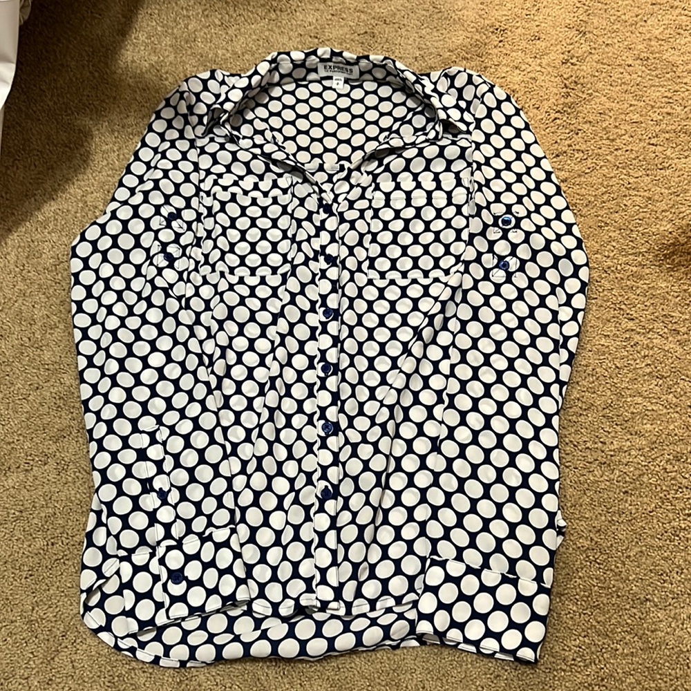 Blue and white polka dot button down